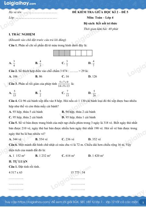 Đề kiểm tra giữa học kì 2 Toán 4 Kết nối tri thức - Đề số 5